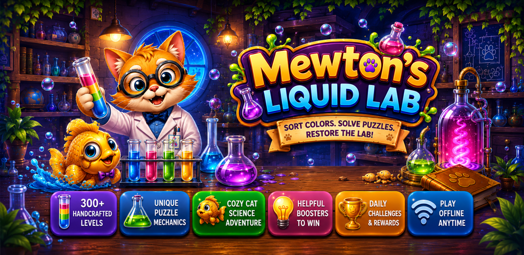 Professor Mewton and colorful laboratory glassware