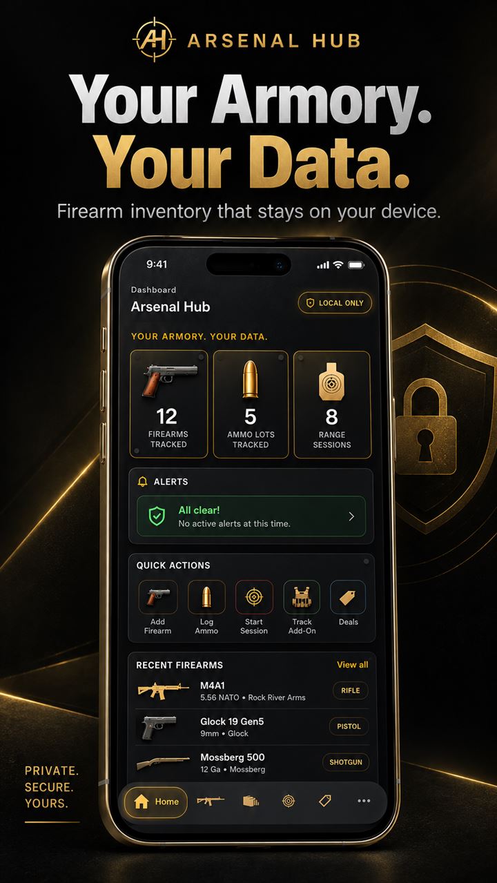 Arsenal Hub dashboard: firearms, ammo lots, and range sessions at a glance, marked local only.