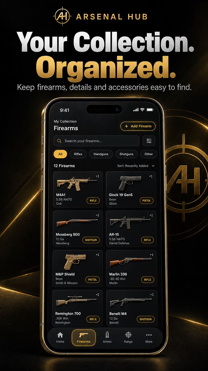 Firearms collection grid with search and rifle, handgun, and shotgun filters.