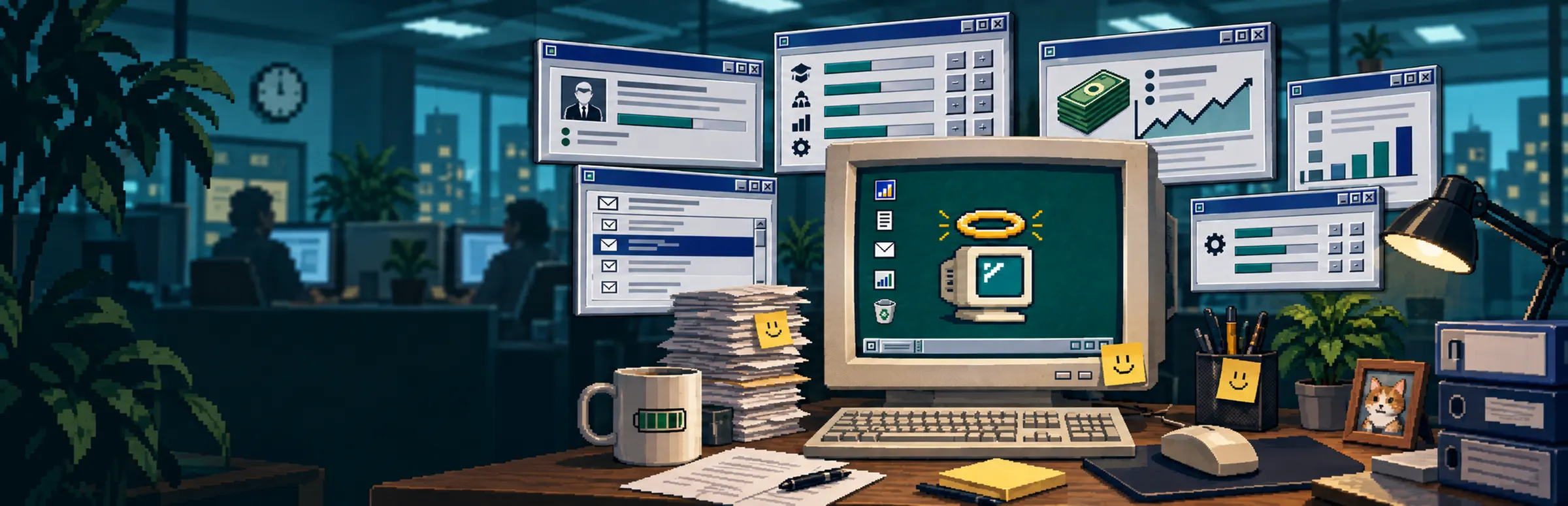 Office God key art: a haloed CRT on an office desk surrounded by floating program windows